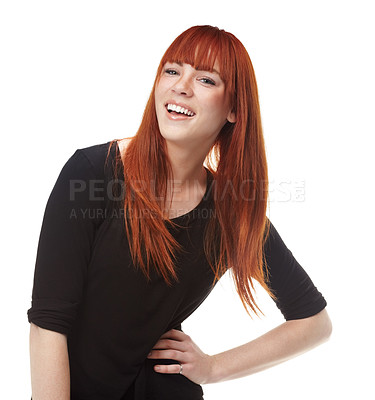 Buy stock photo Hair, beauty or portrait of happy woman in studio for red head care, shampoo or results shine on white background. Ginger, haircare or face of female model with glow, growth or texture satisfaction