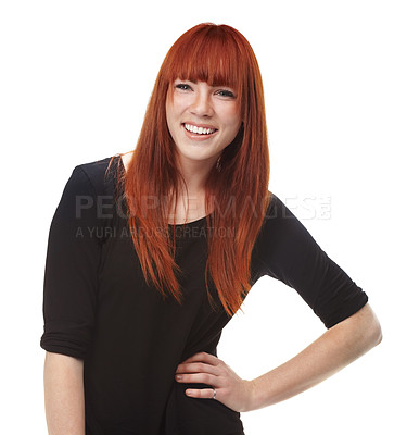 Buy stock photo Portrait, confidence and happy woman in casual fashion with pride, redhead and university student in studio. Smile, cool style and face of college girl from Ireland isolated on white background.