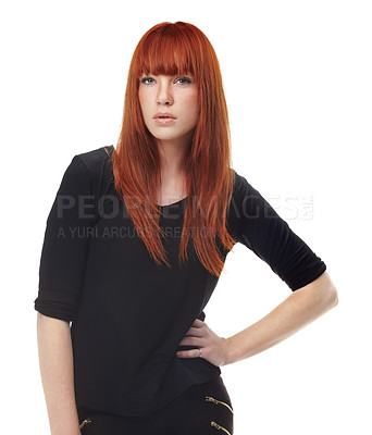 Buy stock photo Portrait, serious and woman in studio with casual fashion, confidence and university student with red hair. Pride, cool style and face of college girl from Ireland isolated on white background.