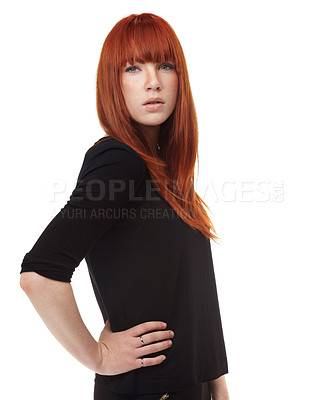 Buy stock photo Portrait, haircare and woman in casual fashion with confidence, relax and university student in studio. Red hair, cool style and face of proud college girl from Ireland isolated on white background.