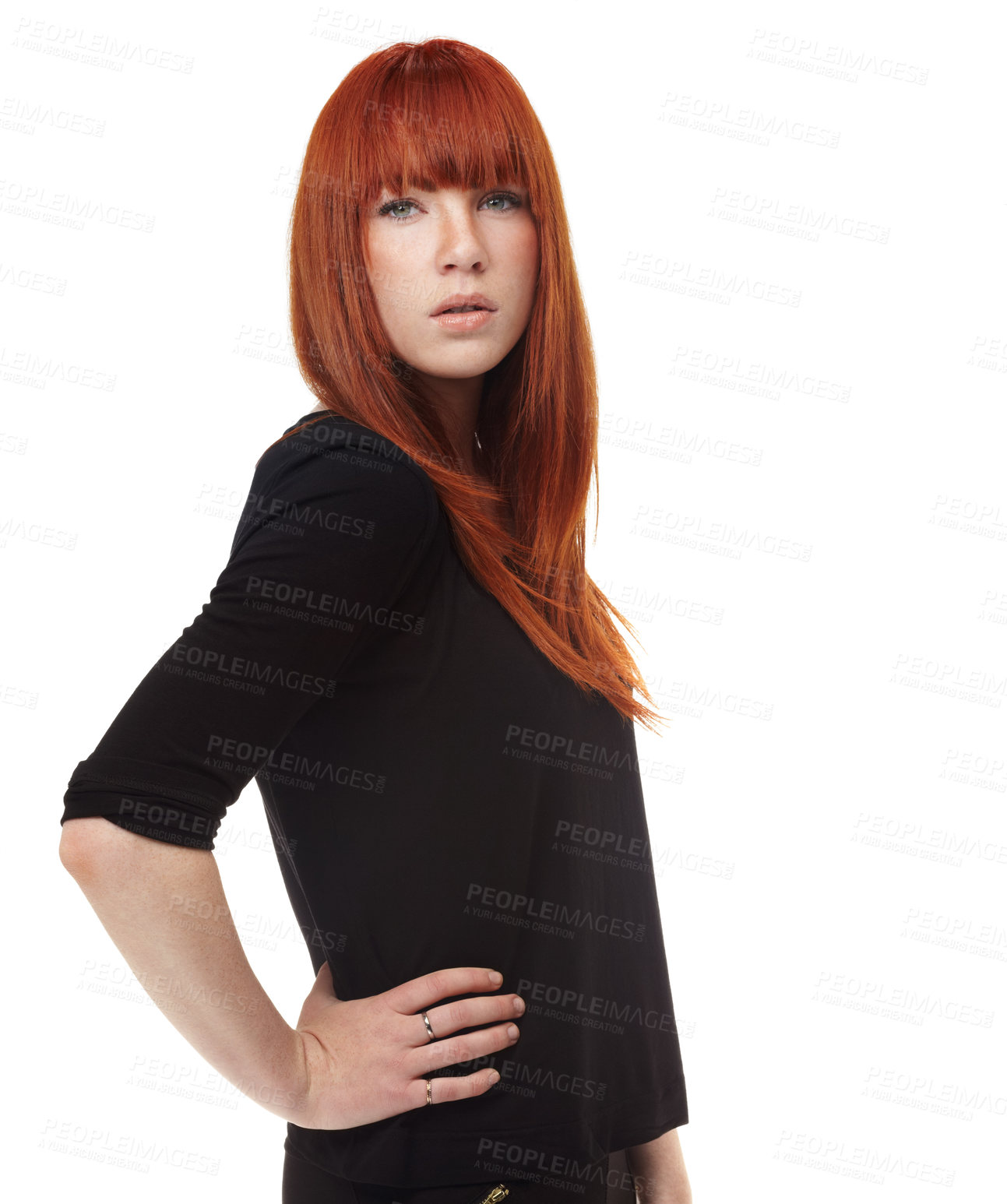 Buy stock photo Portrait, haircare and woman in casual fashion with confidence, relax and university student in studio. Red hair, cool style and face of proud college girl from Ireland isolated on white background.