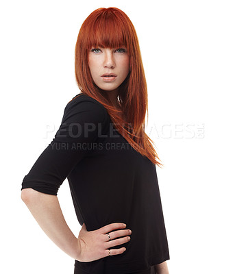 Buy stock photo Hair, beauty or portrait of confident woman in studio for redhead care, shampoo or glow results on white background. Ginger, haircare or female model face with shine, growth or texture satisfaction