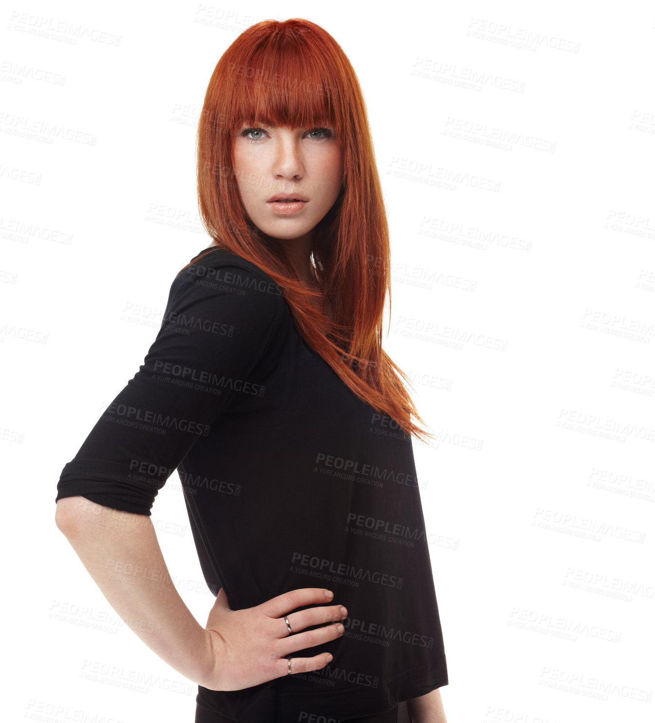 Buy stock photo Hair, beauty or portrait of confident woman in studio for redhead care, shampoo or glow results on white background. Ginger, haircare or female model face with shine, growth or texture satisfaction