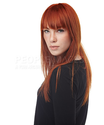 Buy stock photo Red hair, portrait and confident woman in studio for beauty, redhead, shampoo or glow results on white background. Ginger, haircare or face of female model with shine, growth or texture satisfaction