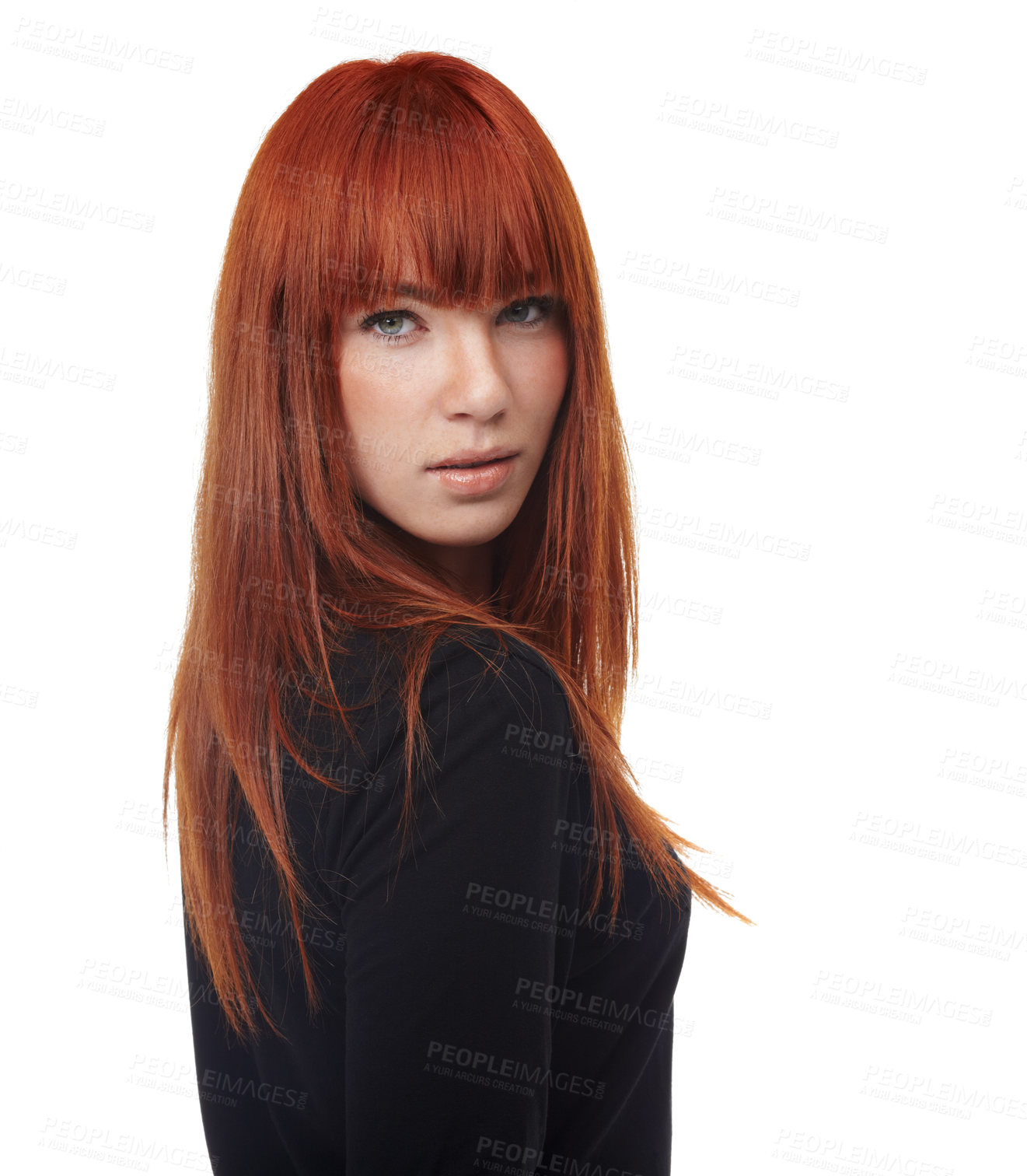 Buy stock photo Beauty, hair or portrait of confident woman in studio for redhead care, shampoo or glow results on white background. Ginger, haircare or female model face with shine, growth or texture satisfaction