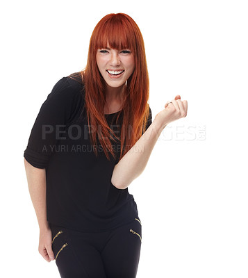 Buy stock photo Portrait, smile and happy woman in studio with winner fist, celebration or news announcement on white background. Success, face or model with hand emoji for competition, results or prize giveaway