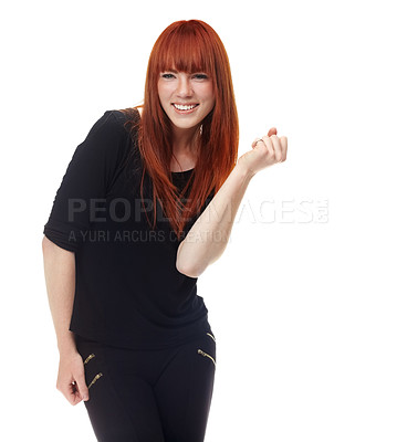 Buy stock photo Smile, portrait and happy woman in studio with winner fist, celebration or news announcement on white background. Success, redhead model with hand emoji for competition, results or prize giveaway 
