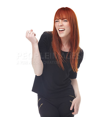 Buy stock photo Excited, portrait and happy woman in studio with winner fist, celebration or news announcement on white background. Success, redhead model with hand emoji for competition, results or prize giveaway 
