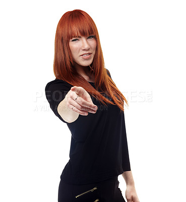 Buy stock photo Choose, pointing to you and portrait of woman on a white background in trendy clothes, style and outfit. Happy, ginger hair and isolated person with hand gesture for choice and selection in studio