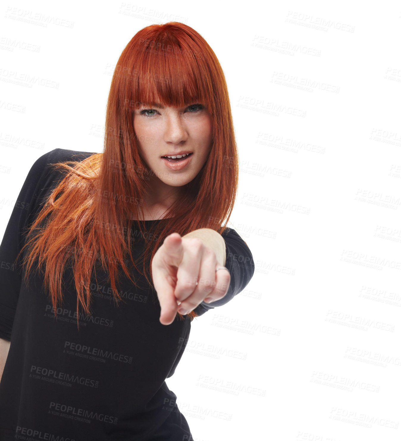 Buy stock photo Choice, pointing to you and portrait of woman on a white background in trendy clothes, style and outfit. Happy, ginger hair and isolated person with hand gesture for selection or choose in studio