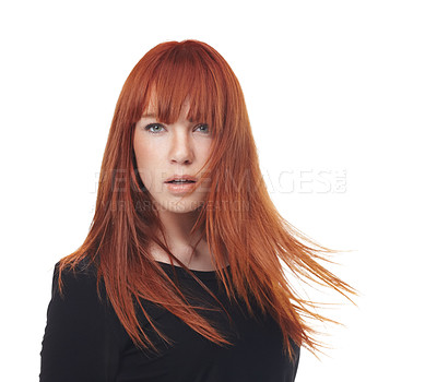 Buy stock photo Beauty, portrait and woman with red hair in studio for shampoo, cosmetics or glow on white background. Ginger, haircare and face of female model with growth, texture and shine, treatment or results