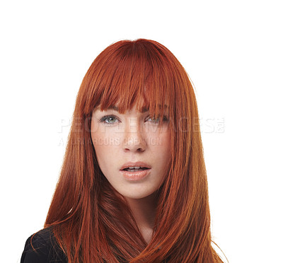 Buy stock photo Portrait, beauty and woman with red hair in studio for keratin, cosmetics or glow on white background. Ginger, haircare and face of female model with growth, texture and shine, shampoo or results