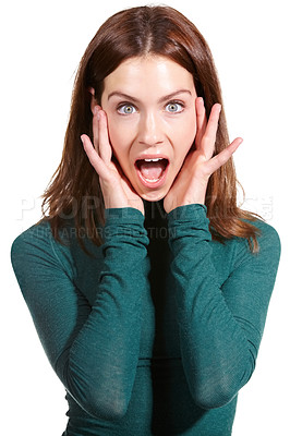Buy stock photo Wow, news and portrait of screaming woman in studio with open mouth panic, expression or gesture on white background. Omg, face or female model with emoji reaction to gossip, secret or conflict drama