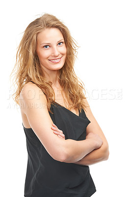 Buy stock photo Woman, fashion and happy with arms crossed in studio portrait for pride, confidence or cool by white background. Girl, person or model for trendy style, smile and shirt for casual outfit in Ireland