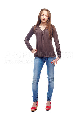 Buy stock photo Portrait, fashion and woman in studio with confidence, attitude or cool clothes on white background. Style, clothing or gen z model pose in edgy, unique or contemporary outfit choice while isolated