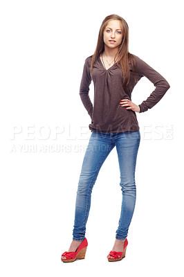Buy stock photo Fashion, portrait and woman in studio with confidence, attitude or cool clothes on white background. Style, clothing and female model pose in edgy, unique or contemporary outfit choice while isolated
