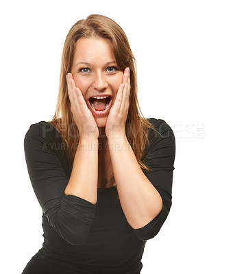 Buy stock photo Surprise, wow and hands on face of woman in studio excited for news, mockup or offer on white background. Omg, portrait and female model with emoji reaction to competition, results or prize giveaway