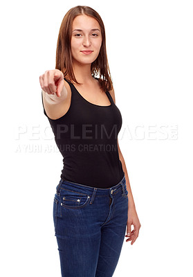 Buy stock photo Portrait, woman and hand pointing at you in studio for announcement, choice or invitation on white background. Face, decision and female model with finger emoji for vote, selection or accountability