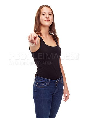 Buy stock photo Woman, portrait and hand pointing at you in studio for announcement, choice or invitation on white background. Face, decision and female model with finger emoji for vote, selection or accountability
