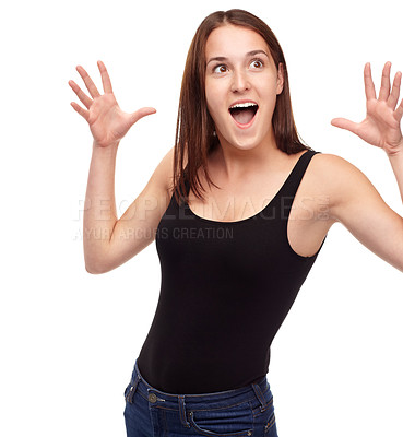 Buy stock photo Surprise, shock and woman with wow hands in studio for news, announcement or offer on white background. Omg, face and female model with mind blown palm emoji reaction to giveaway, promotion or prize