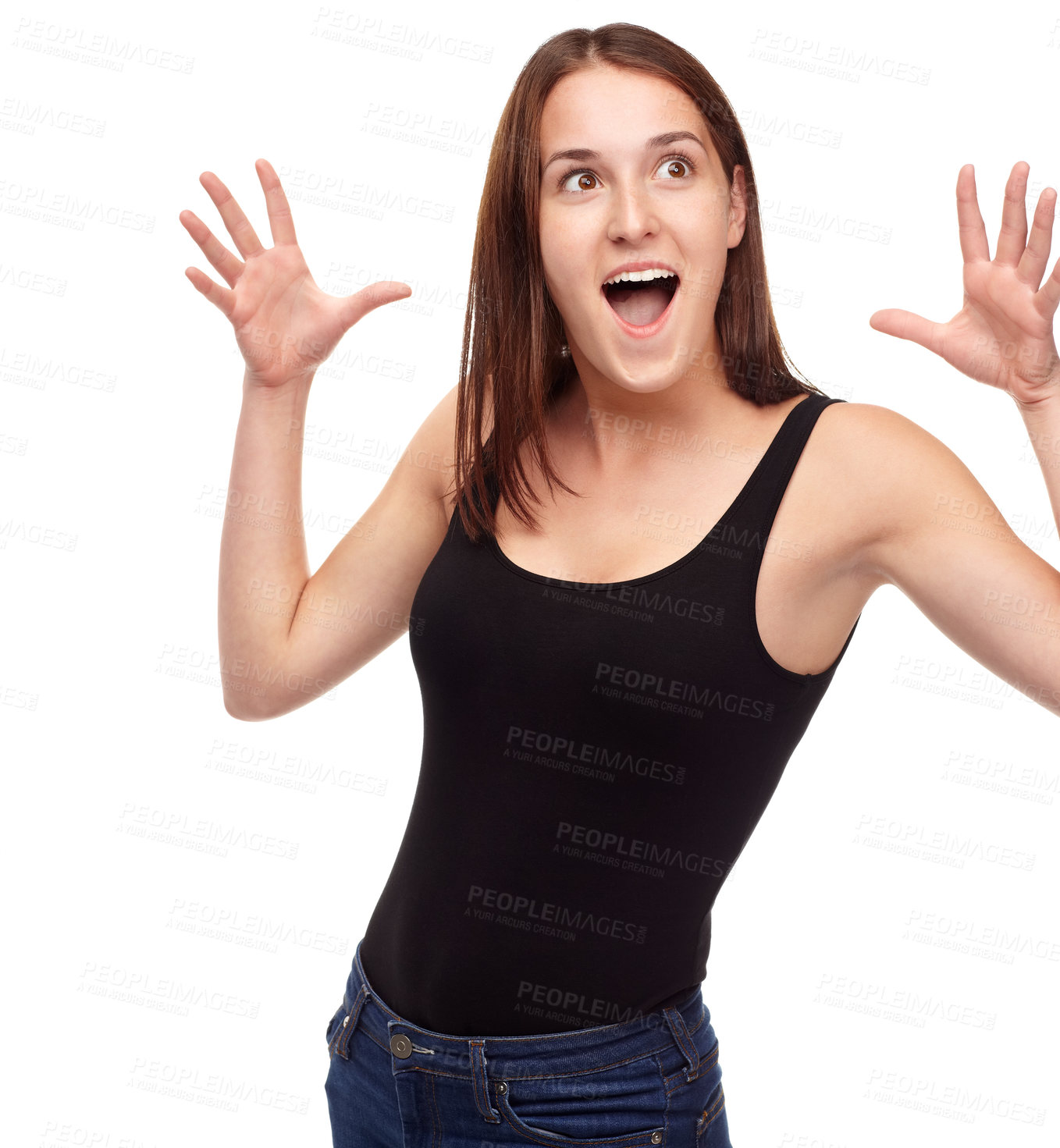 Buy stock photo Surprise, shock and woman with wow hands in studio for news, announcement or offer on white background. Omg, face and female model with mind blown palm emoji reaction to giveaway, promotion or prize