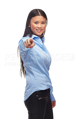 Buy stock photo Choose, pointing to you and portrait of Asian woman on a white background in trendy clothes, style and outfit. Happy, confident and isolated person with hand gesture for choice or selection in studio