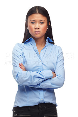 Buy stock photo Portrait, frustrated or asian woman with arms crossed in studio for poor feedback, results or review on white background. Angry, face or female model posing with bad mood, attitude or moody behaviour