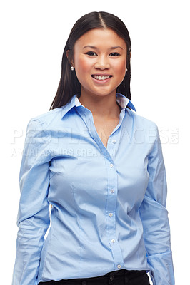 Buy stock photo Cropped shot of a young asian woman isolated on white