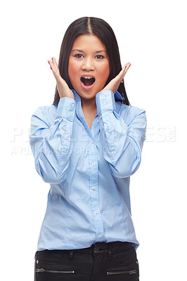 Buy stock photo Wow, shock and portrait of asian woman in studio with open mouth, expression or gesture on white background. Omg, face and Japanese female model with emoji reaction to gossip, secret or announcement