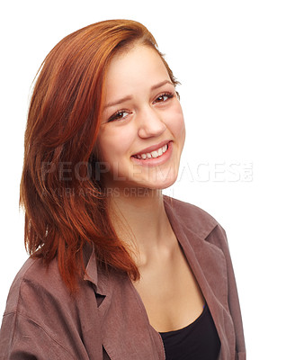 Buy stock photo Happy woman, portrait and ginger with hairstyle or natural beauty on a white studio background. Face of gorgeous female person or young model with smile in casual clothing or haircare on mockup space