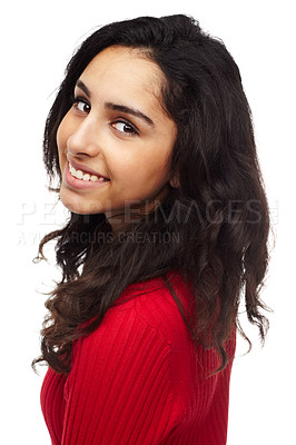 Buy stock photo Portrait, smile and woman in casual fashion with studio, confidence and relax with positive attitude for happy. Pride, cool style and natural face of teenager girl isolated on white background.
