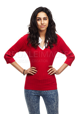 Buy stock photo Portrait, fashion or Indian woman in studio with confidence, attitude or clothes on white background. Style, clothing or female model pose in edgy, cool or contemporary outfit choice while isolated