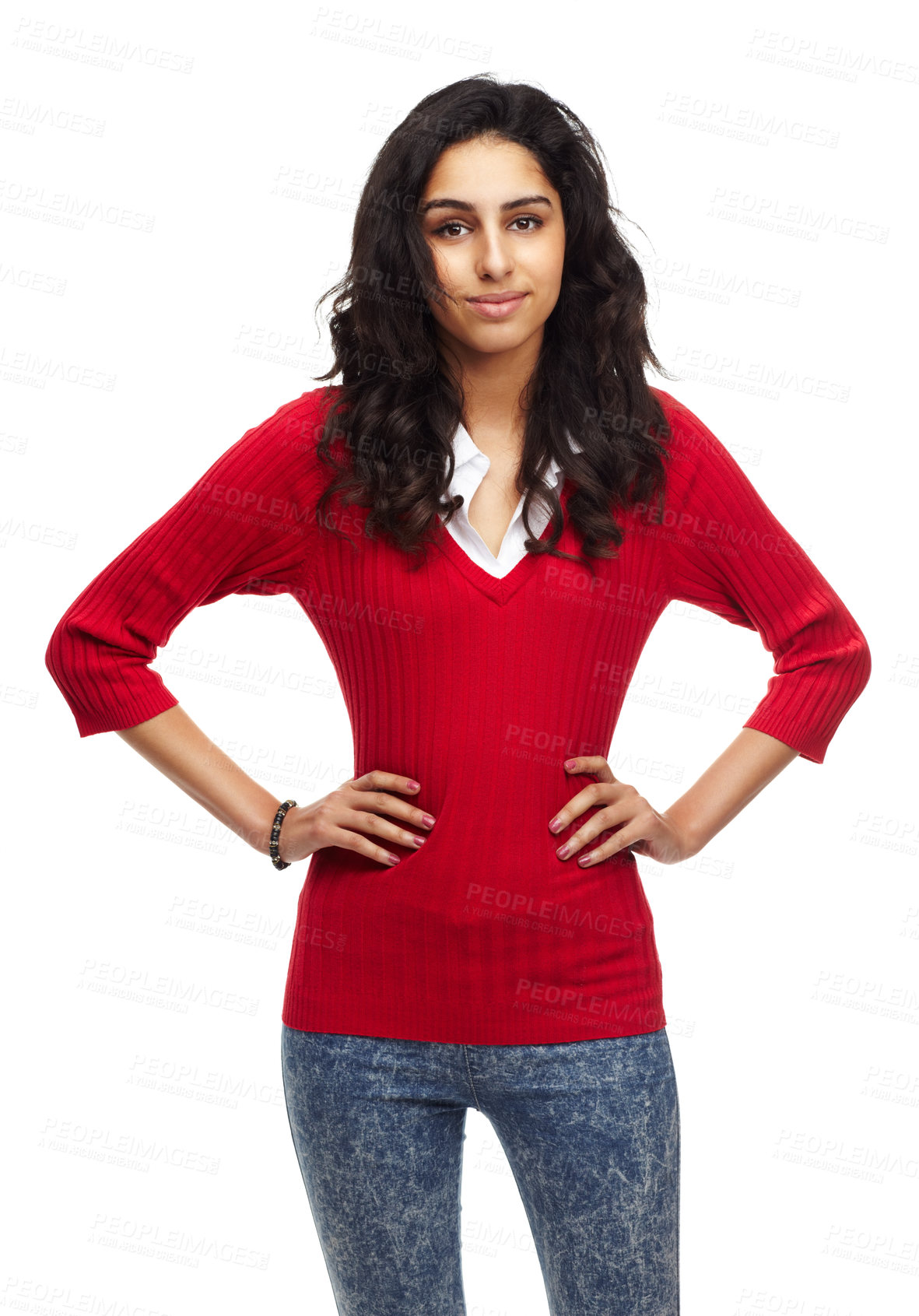 Buy stock photo Portrait, fashion or Indian woman in studio with confidence, attitude or clothes on white background. Style, clothing or female model pose in edgy, cool or contemporary outfit choice while isolated