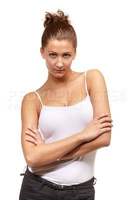 Buy stock photo Portrait, fashion and attitude with woman arms crossed in studio isolated on white background. Model, clothes and confident with serious young woman in tank top or vest for casual clothing outfit