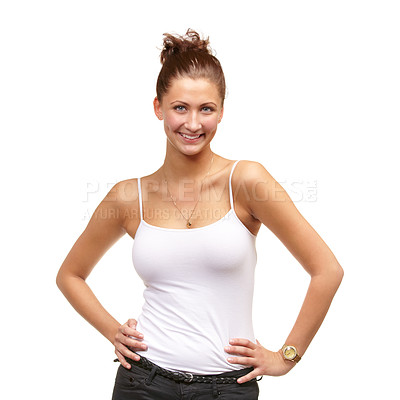 Buy stock photo Portrait, confident or woman for fashion, casual or outfit for summer aesthetic on mockup in studio. Female person, smile and arms on hips for funky, stylish and trendy clothing on white background