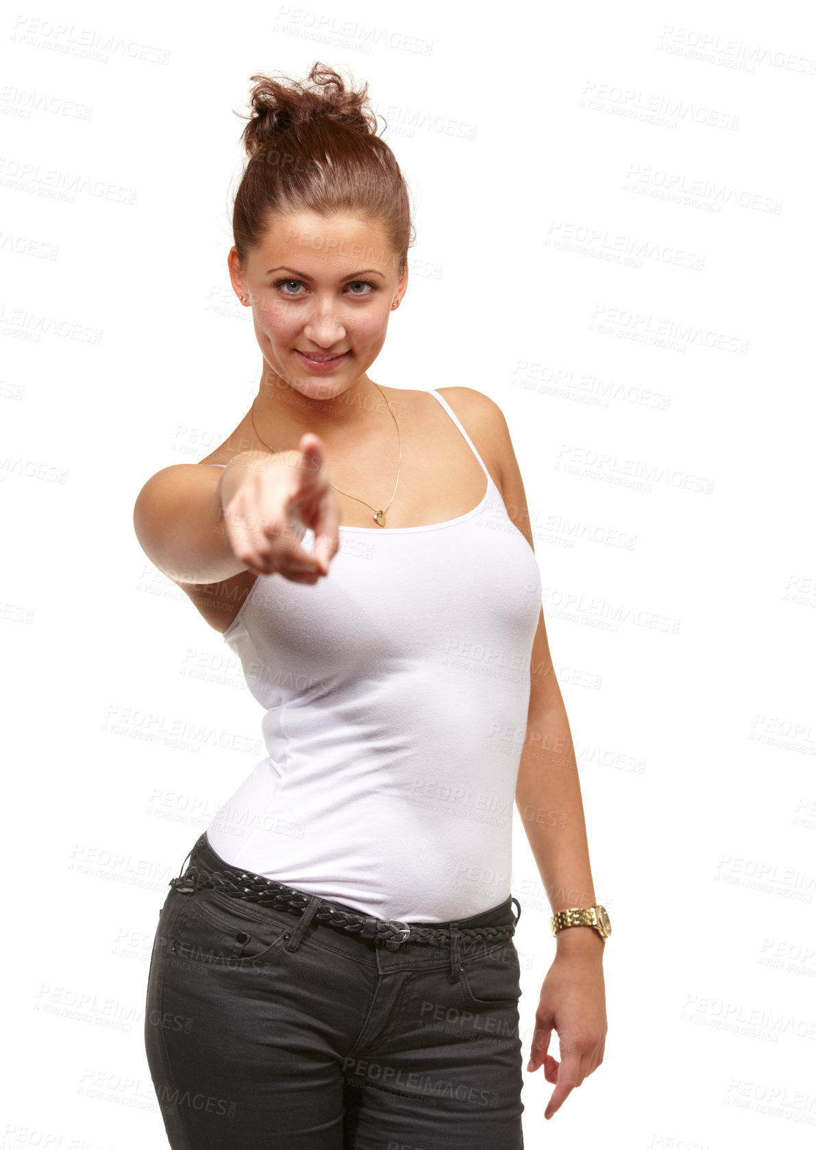 Buy stock photo Confidence, pointing to you and portrait of woman on a white background in trendy clothes, style and outfit. Happy, fashion and isolated person with hand gesture for choice or selection in studio