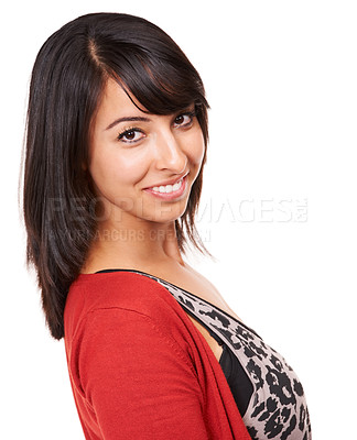 Buy stock photo Happy woman, portrait and hair style with fashion in beauty, style or grooming on a white studio background. Face of attractive female person with smile in casual clothing or haircare on mockup space