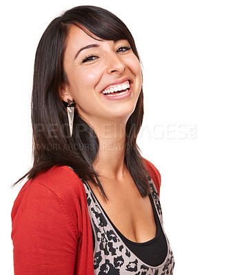 Buy stock photo Portrait, fashion and smile with laughing woman in studio isolated on white background for humor. Face, happy or funny with confident young indian model in trendy clothes outfit for style or comedy