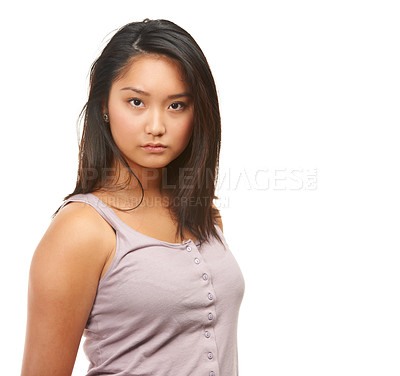 Buy stock photo Asian woman, portrait and fashion with natural beauty in haircare on a white studio background. Face of attractive female person, young model or stare in casual clothing or confidence on mockup space