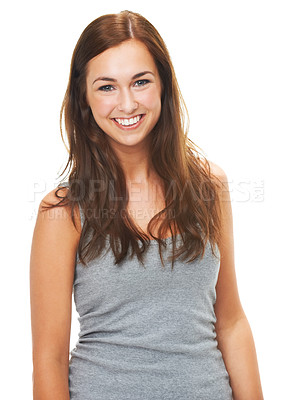 Buy stock photo Casual, fashion and portrait of woman with smile in studio, white background and mock up space. Cool, style and girl with happiness in outfit for college or university with pride and confidence