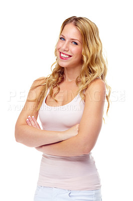 Buy stock photo Studio,  portrait and girl in fashion with arms crossed for confidence and pride in white background. Casual, outfit and woman with style for college or cool student in university with happiness
