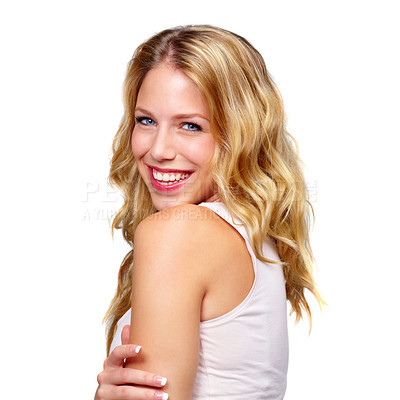Buy stock photo Smile, hair care or portrait of happy woman in studio for keratin growth or healthy natural shine. Face, wellness or model with confidence or beauty for blonde hairstyle results on white background