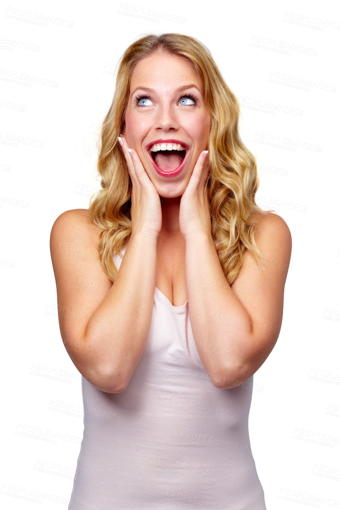 Buy stock photo Thinking, surprise or happy woman in studio for news, announcement or fashion discount. Excited, model or shocked female person with wow gesture, smile or omg facial expression on white background