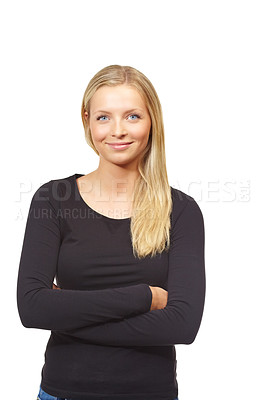 Buy stock photo Studio, fashion and portrait of woman with arms crossed for confidence and pride in white background. Casual, outfit and woman with style for college or cool student in university with happiness