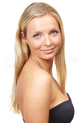 Buy stock photo Skincare, beauty or portrait of woman with confidence in studio isolated on white background for pride. Natural results, smile or smooth face of model or female person with shine, blonde hair or glow
