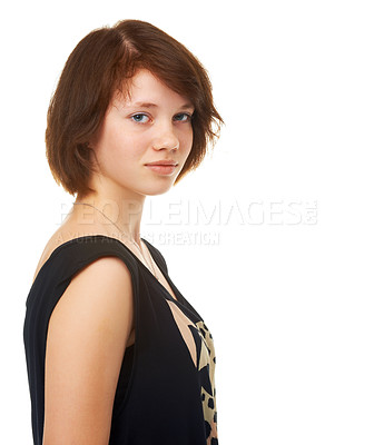 Buy stock photo Serious, teenager and portrait of girl in studio, white background or mock up with fashion. Cool, style and young student with confidence and pride in creative outfit for school with trendy clothes