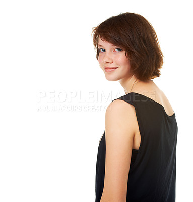 Buy stock photo Happy, teenager and portrait of girl in studio, white background or mock up with beauty. Skincare, dermatology and young woman with confidence and pride with cosmetics for healthy glow on face