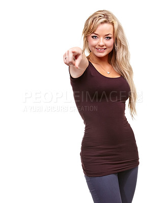 Buy stock photo Woman, studio and point at you with smile for choice, recruitment or portrait by white background. Person, hand or sign for decision, like or onboarding in fashion, hiring or call to action in Berlin