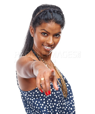 Buy stock photo Indian woman, portrait and pointing in studio for choice and selection for promotion offer by white background. Consultant, face and gesture to vote or hiring emoji and invitation for recruitment