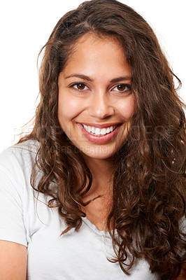 Buy stock photo Portrait, female student and studio with smile, fashion and happy on white background. Confident, stylish or trendy with curly hair, Mexican woman and education or learning at university or college